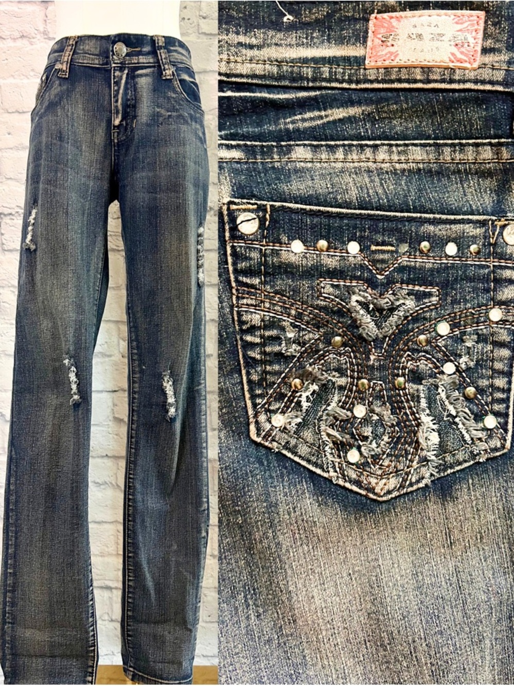 Vintage Y2K Embellished Super Distressed Denim Jeans Bling Studded Frayed Grunge